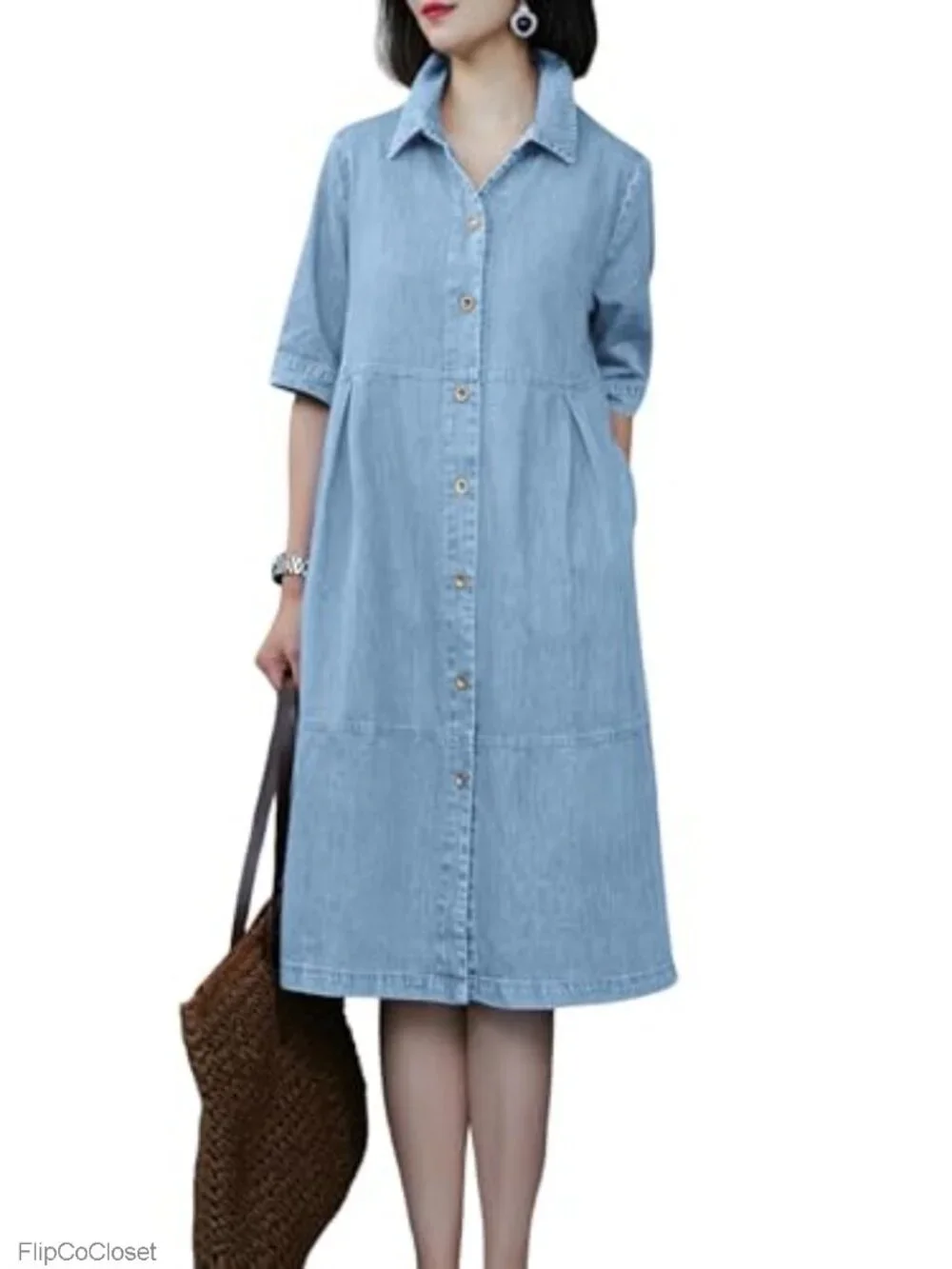 Denim Button Down Midi Shirt Dress with Pockets